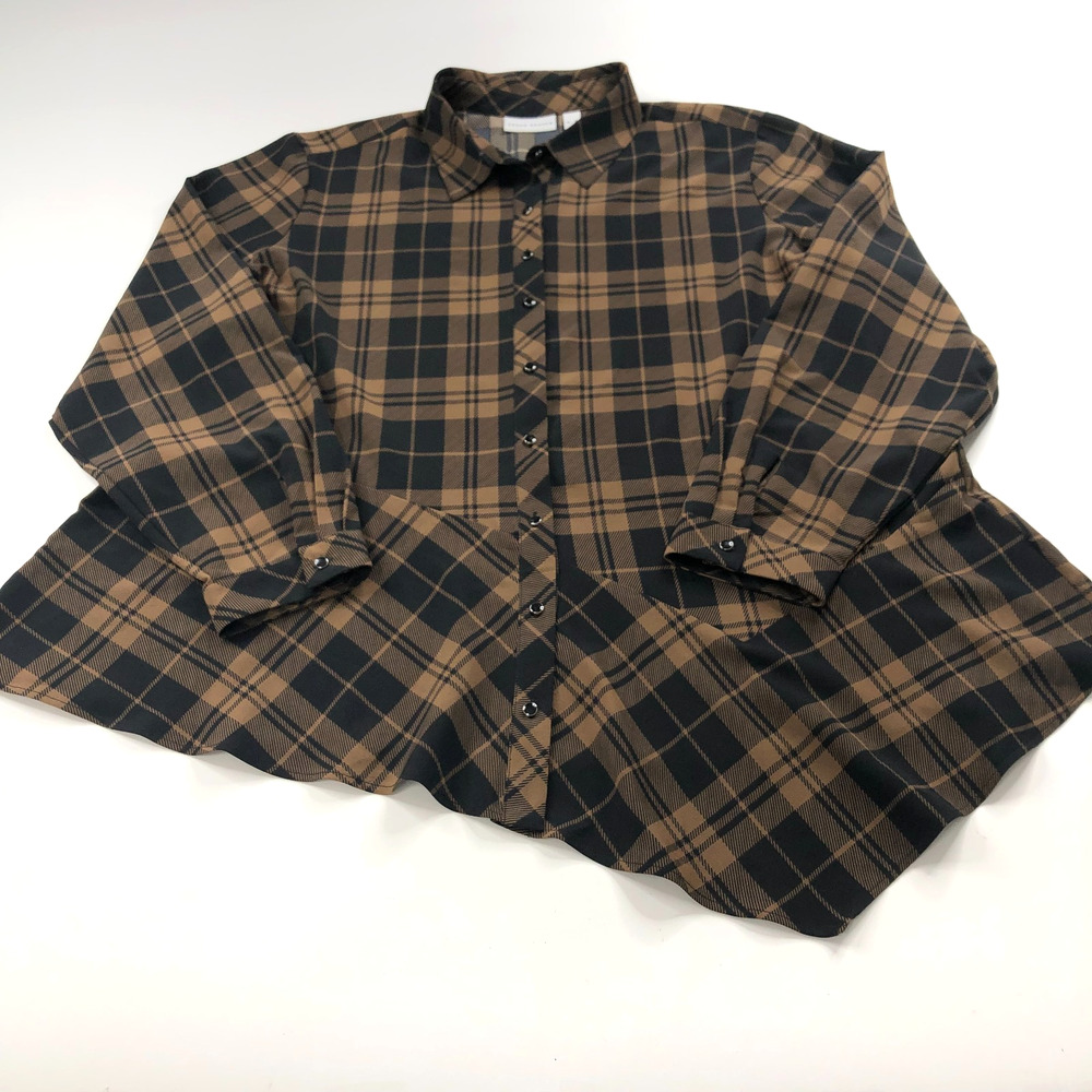 Susan Graver XL Asymmetrical Button Long Sleeve Plaid Shirt Black Brown MINT